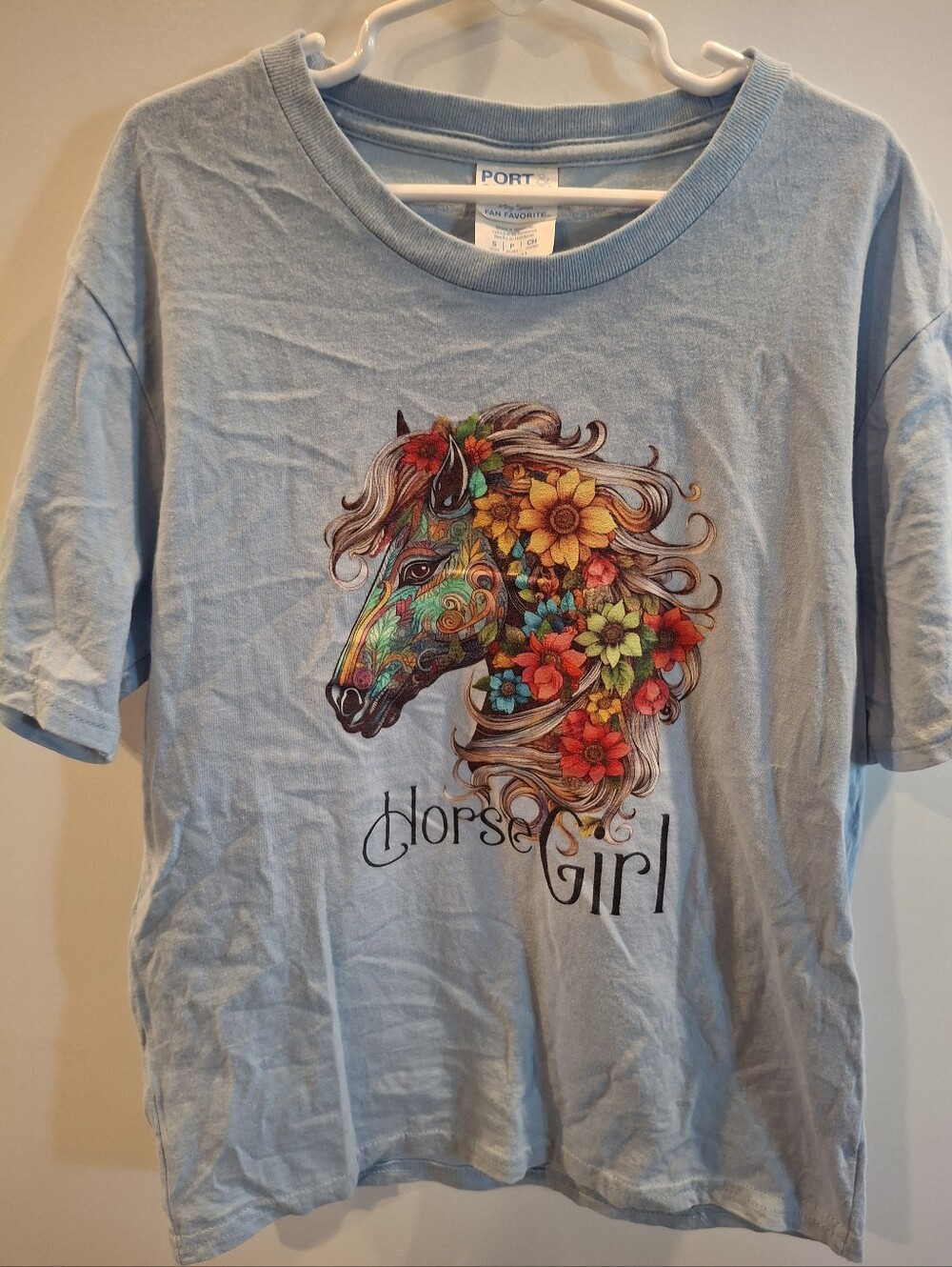 Port and Company Light Blue 'Horse Girl' Floral Horse Graphic Tee